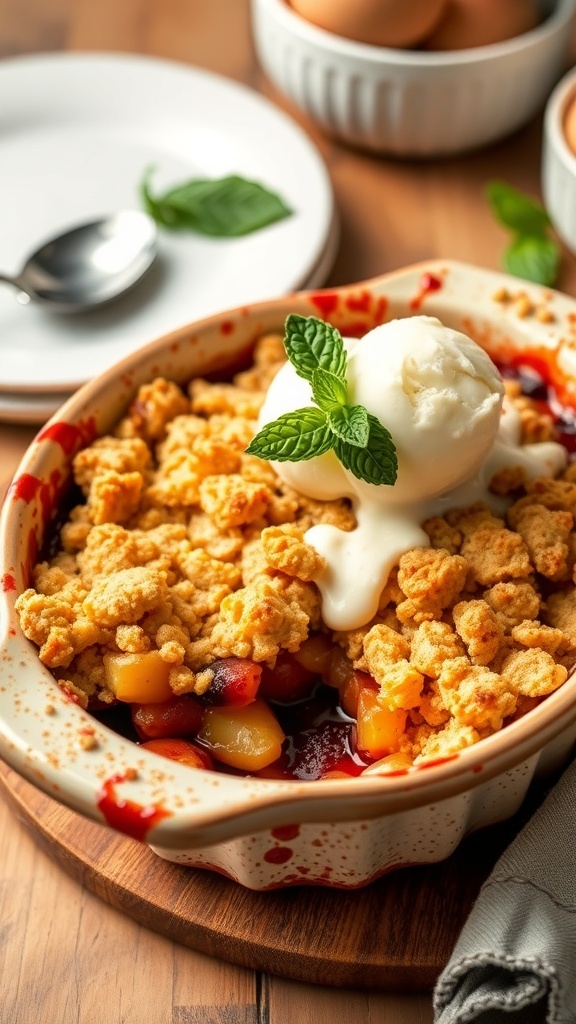 A delicious fruit crumble with a golden topping, served with ice cream, in a rustic dish on a wooden table.